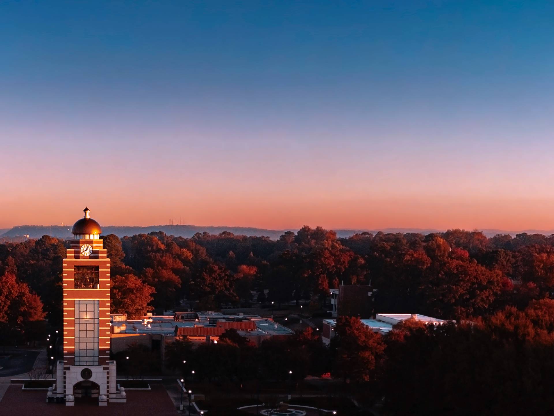 Aerial view of the Bell Tower at sunset